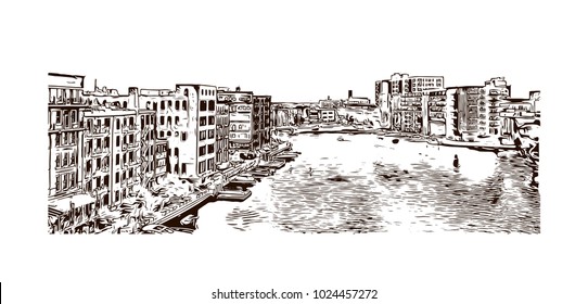 Downtown Skyline of Milwaukee City in Wisconsin, USA. Hand drawn sketch illustration in vector.