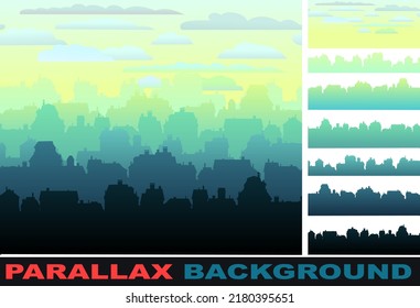 Downtown skyline. Set parallax effect. Horizontal seamless composition. Small city houses residential quarters. Cityscape with buildings. Housing silhouettes. Vector