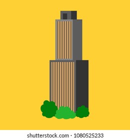 Downtown skyscraper with skyline reflections on shiny glass facades. Modern flat style vector illustration isolated on background.