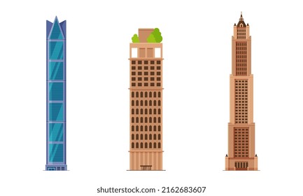 Downtown skyscrapers facades set. Residential and business office buildings cartoon vector illustration