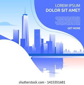 Downtown with skyscrapers and sample text. Building, city, downtown concept. Presentation slide template. Vector illustration can be used for topics like business, finance, architecture
