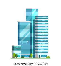 Downtown skyscrapers with skyline reflections on shiny glass facades. Modern flat style vector illustration isolated on white background.