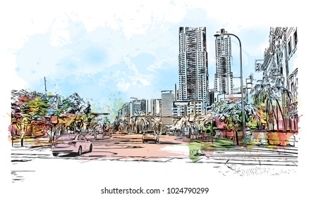 Downtown with street and buildings of Miami City in Florida, USA. Watercolor splash with hand drawn sketch illustration in vector.