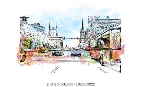 Downtown street with buildings view in Nashville, Tennessee, USA. Watercolor splash with hand drawn sketch illustration in vector.