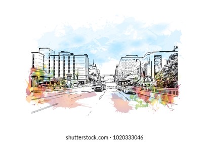 Downtown street with buildings view in Nashville, Tennessee, USA. Watercolor splash with hand drawn sketch illustration in vector.