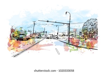 Downtown street with buildings view in Nashville, Tennessee, USA. Watercolor splash with hand drawn sketch illustration in vector.