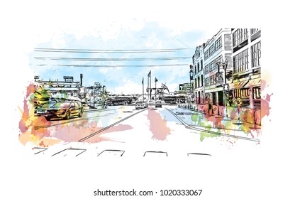 Downtown street with buildings view in Nashville, Tennessee, USA. Watercolor splash with hand drawn sketch illustration in vector.