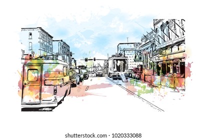 Downtown street with buildings view in Nashville, Tennessee, USA. Watercolor splash with hand drawn sketch illustration in vector.