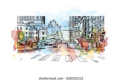 Downtown street with buildings view in Nashville, Tennessee, USA. Watercolor splash with hand drawn sketch illustration in vector.