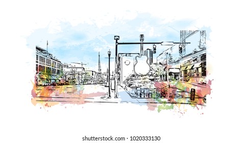 Downtown street with buildings view in Nashville, Tennessee, USA. Watercolor splash with hand drawn sketch illustration in vector.