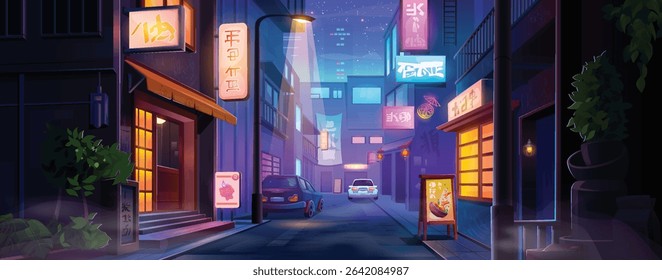 Downtown street neon night scene - urban alley with glowing shop signs, lanterns and colorful windows. Cars parked near cafe under starlit sky for cyberpunk gaming cityscapes or lofi aesthetic artwork