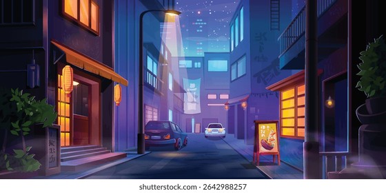 Downtown street neon night scene - urban alley with glowing shop signs, lanterns and colorful windows. Cars parked near cafe under starlit sky for cyberpunk gaming cityscapes or lofi aesthetic artwork