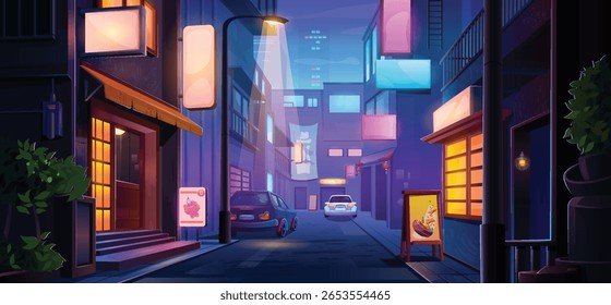 Cenário de neon de rua do centro com sinais brilhantes japoneses iluminando beco estreito. Paisagem ciberpunk com luzes cor-de-rosa e azuis, carros estacionados, lojas urbanas e cafés. Atmosfera noturna com vitrines.