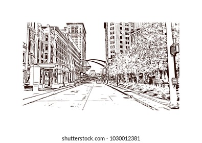 Downtown street with road traffic of Cleveland City in Ohio, USA. Hand drawn sketch illustration in vector. 