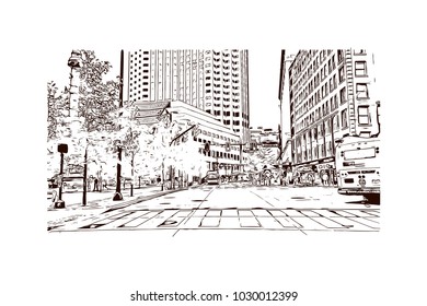 Downtown street with road traffic of Cleveland City in Ohio, USA. Hand drawn sketch illustration in vector. 