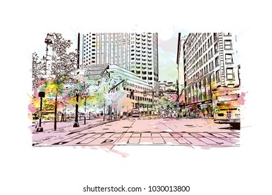 Downtown street with road traffic of Cleveland City in Ohio, USA. Watercolor splash with Hand drawn sketch illustration in vector. 