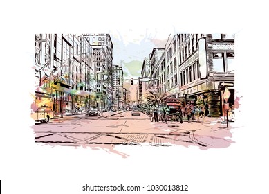 Downtown street with road traffic of Cleveland City in Ohio, USA. Hand drawn sketch illustration in vector. 