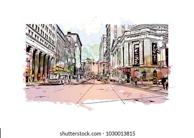 Downtown street with road traffic of Cleveland City in Ohio, USA. Hand drawn sketch illustration in vector. 