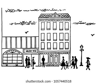 Downtown Street Scene - Retro Clip Art Illustration