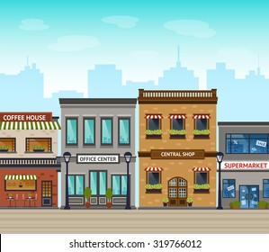 Downtown street with stores and supermarket line exterior and city skyscrapers on background vector illustration