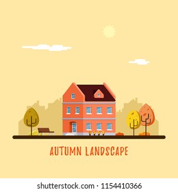 Downtown street with townhous, urban and suburban modern building. Autumn landscape. Real estate concept banner. Autumn landscape. Flat style illustration.