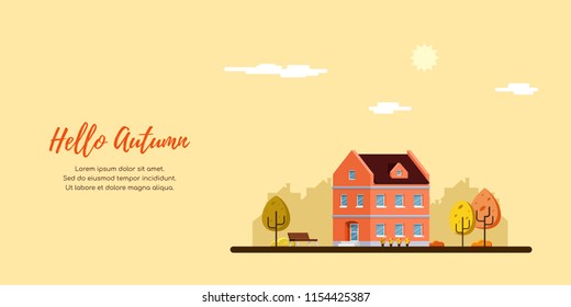Downtown street with townhous, urban and suburban modern building. Autumn landscape. Real estate concept banner. Autumn landscape. Flat style illustration.