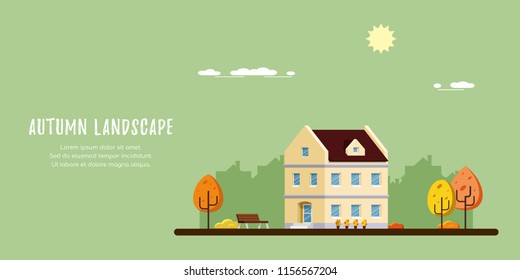 Downtown street with townhous, urban and suburban modern building. Autumn landscape. Real estate concept banner. Autumn landscape. Flat style illustration.