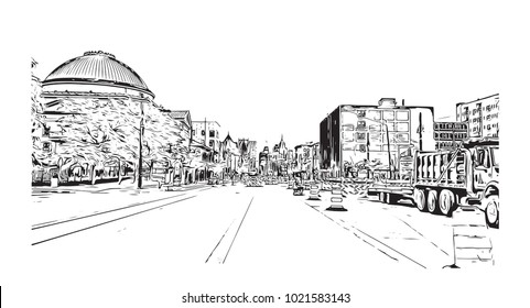 Downtown street view with buildings in Detroit City, Michigan, USA. Hand drawn sketch illustration in vector.