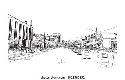 Downtown street view with buildings in Detroit City, Michigan, USA. Hand drawn sketch illustration in vector.