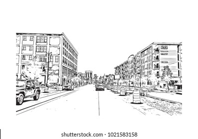 Downtown street view with buildings in Detroit City, Michigan, USA. Hand drawn sketch illustration in vector.