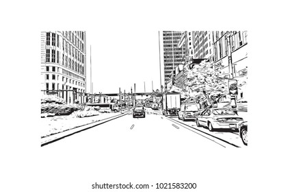 Downtown street view with buildings in Detroit City, Michigan, USA. Hand drawn sketch illustration in vector.