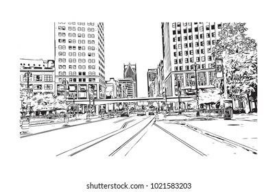 Downtown street view with buildings in Detroit City, Michigan, USA. Hand drawn sketch illustration in vector.