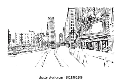 Downtown street view with buildings in Detroit City, Michigan, USA. Hand drawn sketch illustration in vector.