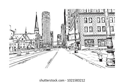 Downtown street view with buildings in Detroit City, Michigan, USA. Hand drawn sketch illustration in vector.