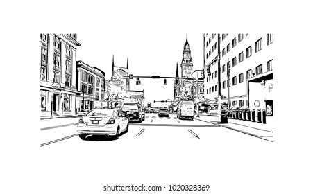 Downtown street view in Nashville, Tennessee, USA. Hand drawn sketch illustration in vector.