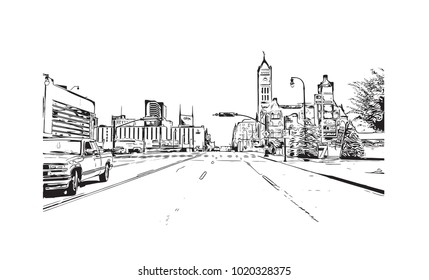 Downtown street view in Nashville, Tennessee, USA. Hand drawn sketch illustration in vector.