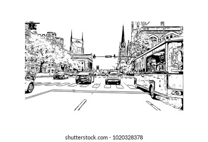 Downtown street view in Nashville, Tennessee, USA. Hand drawn sketch illustration in vector.