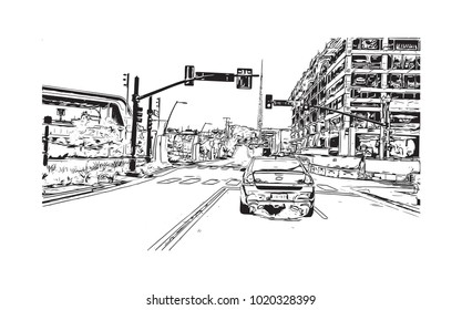 Downtown street view in Nashville, Tennessee, USA. Hand drawn sketch illustration in vector.