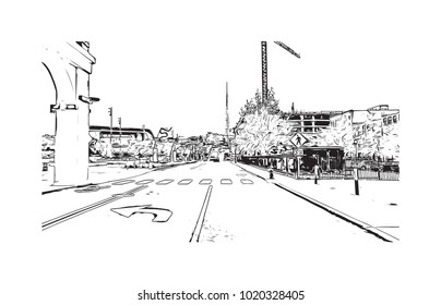 Downtown street view in Nashville, Tennessee, USA. Hand drawn sketch illustration in vector.