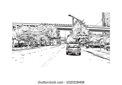 Downtown street view in Nashville, Tennessee, USA. Hand drawn sketch illustration in vector.