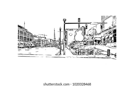 Downtown street view in Nashville, Tennessee, USA. Hand drawn sketch illustration in vector.