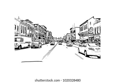 Downtown street view in Nashville, Tennessee, USA. Hand drawn sketch illustration in vector.