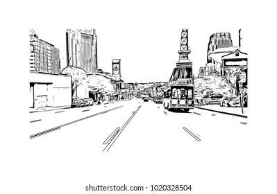 Downtown street view in Nashville, Tennessee, USA. Hand drawn sketch illustration in vector.
