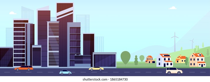 Downtown and suburb. Flat city, modern office buildings or village. Smart urban cityscape on road, diverse real estate utter vector landscape