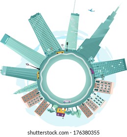 Downtown and suburbs, vector background illustration 