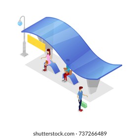 Downtown transport stop isometric 3D icon. City public transportation concept, modern town waiting station, urban and countryside traffic vector illustration.