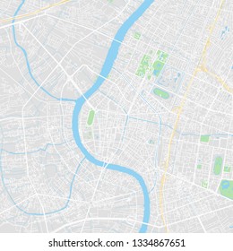 Downtown vector map of Bangkok, Thailand. This printable map of Bangkok contains lines and classic colored shapes for land mass, parks, water, major and minor roads as such as major rail tracks.