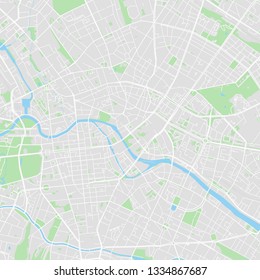 Downtown vector map of Berlin, Germany. This printable map of Berlin contains lines and classic colored shapes for land mass, parks, water, major and minor roads as such as major rail tracks.