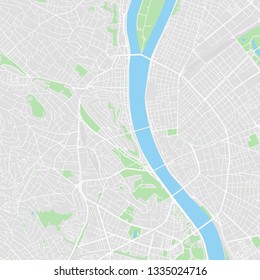 Downtown vector map of Budapest, Hungary. This printable map of Budapest contains lines and classic colored shapes for land mass, parks, water, major and minor roads as such as major rail tracks.