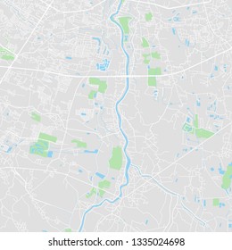 Downtown vector map of Chiang Mai, Thailand. This printable map of Chiang Mai contains lines and classic colored shapes for land mass, parks, water, major and minor roads as such as major rail tracks.